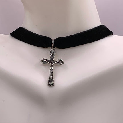 Vintage Cross Crucifix Black Velvet Choker Pendant Necklace | 925 Sterling Silver Cross Ribbon Choker