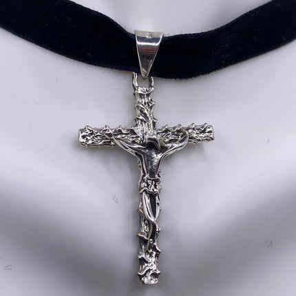 Vintage Silver Pendant | Cross Crucifix Religious Charm Prayer Pendant | 925 Sterling Silver Ribbon Choker Necklace