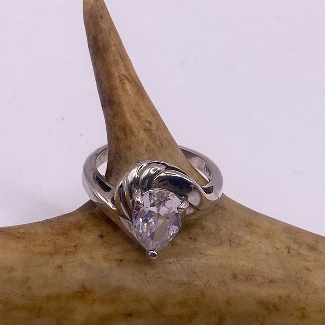 Vintage Silver Ring | Cubic Zirconia Clear Crystal Diamond Boho Cocktail | 925 Sterling Silver Antique Pave Set Wedding Band Engagement Ring