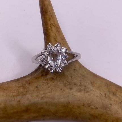 Vintage Silver Ring | Crystal Diamond Boho Cocktail | 925 Sterling Silver Antique Pave Set Wedding Band Engagement Ring