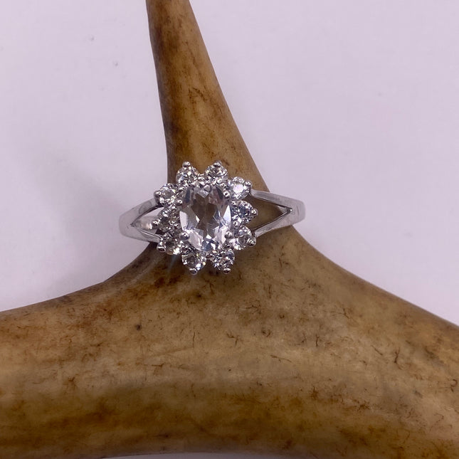 Vintage Silver Ring | Crystal Diamond Boho Cocktail | 925 Sterling Silver Antique Pave Set Wedding Band Engagement Ring