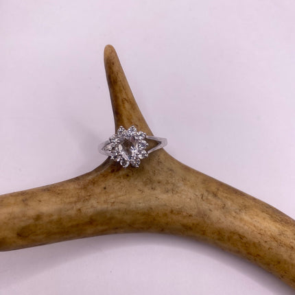 Vintage Silver Ring | Crystal Diamond Boho Cocktail | 925 Sterling Silver Antique Pave Set Wedding Band Engagement Ring