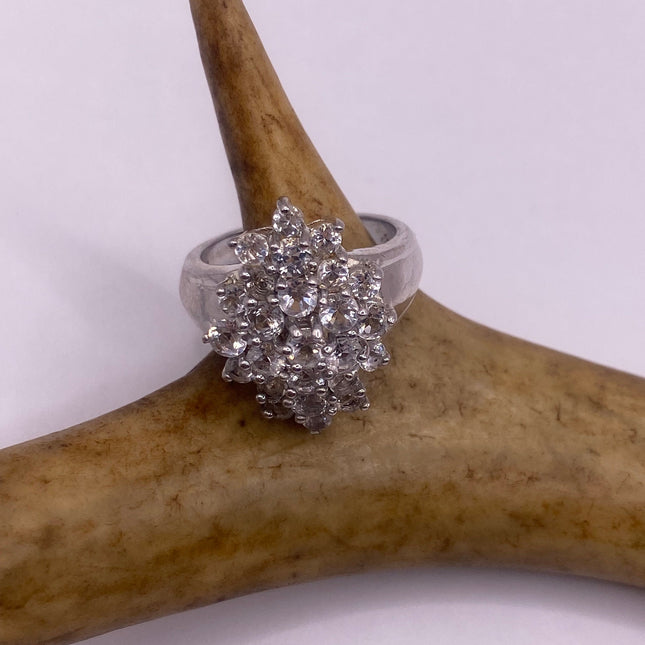 Vintage Silver Ring | Crystal Diamond Boho Cocktail | 925 Sterling Silver Antique Pave Set Wedding Band Engagement Ring