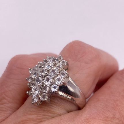 Vintage Silver Ring | Crystal Diamond Boho Cocktail | 925 Sterling Silver Antique Pave Set Wedding Band Engagement Ring