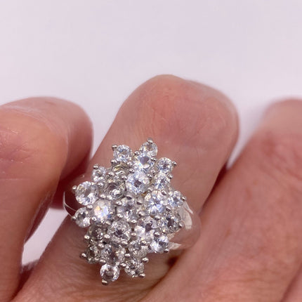 Vintage Silver Ring | Crystal Diamond Boho Cocktail | 925 Sterling Silver Antique Pave Set Wedding Band Engagement Ring