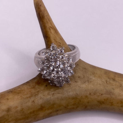 Vintage Silver Ring | Crystal Diamond Boho Cocktail | 925 Sterling Silver Antique Pave Set Wedding Band Engagement Ring