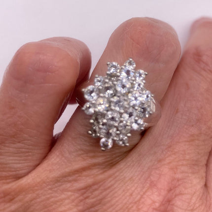 Vintage Silver Ring | Crystal Diamond Boho Cocktail | 925 Sterling Silver Antique Pave Set Wedding Band Engagement Ring