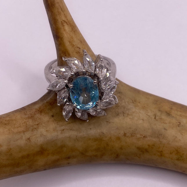 Vintage Silver Ring | Blue Topaz Crystal Diamond Boho Cocktail | 925 Sterling Silver Something Blue Wedding Band Engagement Ring