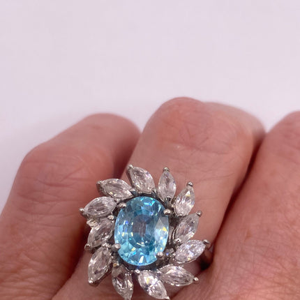 Vintage Silver Ring | Blue Topaz Crystal Diamond Boho Cocktail | 925 Sterling Silver Something Blue Wedding Band Engagement Ring