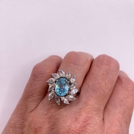Vintage Silver Ring | Blue Topaz Crystal Diamond Boho Cocktail | 925 Sterling Silver Something Blue Wedding Band Engagement Ring