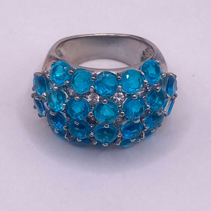 Vintage Silver Ring | Blue Fluorite Crystal Diamond Boho Cocktail | 925 Sterling Silver Something Blue Wedding Band Engagement Ring