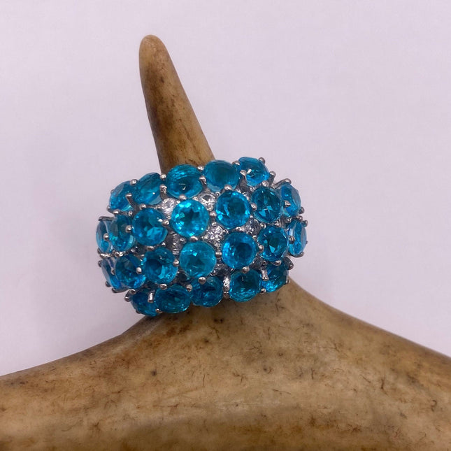 Vintage Silver Ring | Blue Fluorite Crystal Diamond Boho Cocktail | 925 Sterling Silver Something Blue Wedding Band Engagement Ring