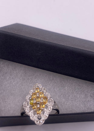 Vintage Silver Ring | Crystal Diamond Boho Cocktail | 925 Sterling Silver Antique Pave Set Wedding Band Engagement Ring