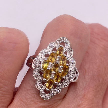 Vintage Silver Ring | Crystal Diamond Boho Cocktail | 925 Sterling Silver Antique Pave Set Wedding Band Engagement Ring