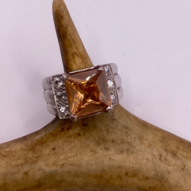 Vintage Silver Ring | Cubic Zirconia Clear Crystal Diamond Boho Cocktail | 925 Sterling Silver Antique Pave Set Wedding Band Engagement Ring