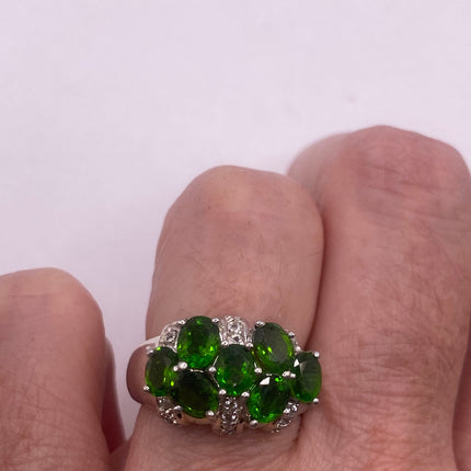 Vintage Silver Ring | Crystal Diamond Green Chrome Diopside Boho Cocktail | 925 Sterling Silver Antique Wedding Band Engagement Ring