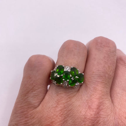 Vintage Silver Ring | Crystal Diamond Green Chrome Diopside Boho Cocktail | 925 Sterling Silver Antique Wedding Band Engagement Ring