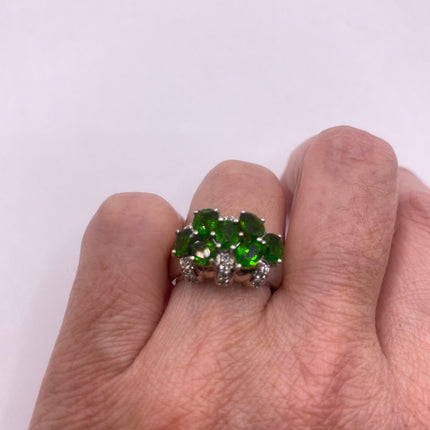 Vintage Silver Ring | Crystal Diamond Green Chrome Diopside Boho Cocktail | 925 Sterling Silver Antique Wedding Band Engagement Ring
