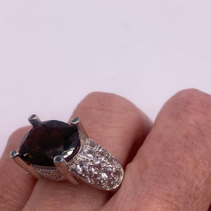 Vintage Silver Ring | Crystal Diamond Smoky Quartz Boho Cocktail | 925 Sterling Silver Antique Wedding Band Engagement Ring