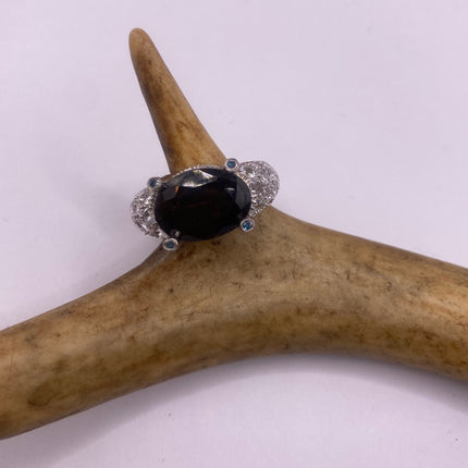 Vintage Silver Ring | Crystal Diamond Smoky Quartz Boho Cocktail | 925 Sterling Silver Antique Wedding Band Engagement Ring