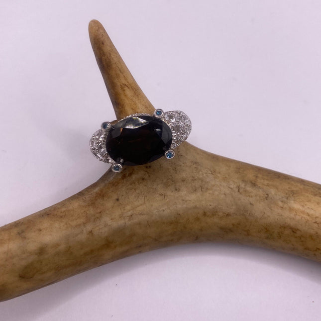 Vintage Silver Ring | Crystal Diamond Smoky Quartz Boho Cocktail | 925 Sterling Silver Antique Wedding Band Engagement Ring