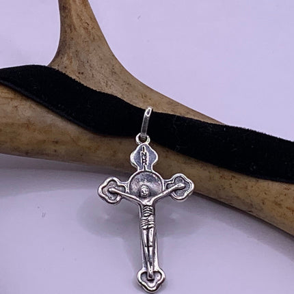 Vintage Cross Crucifix Black Velvet Choker Pendant Necklace | 925 Sterling Silver Cross Ribbon Choker
