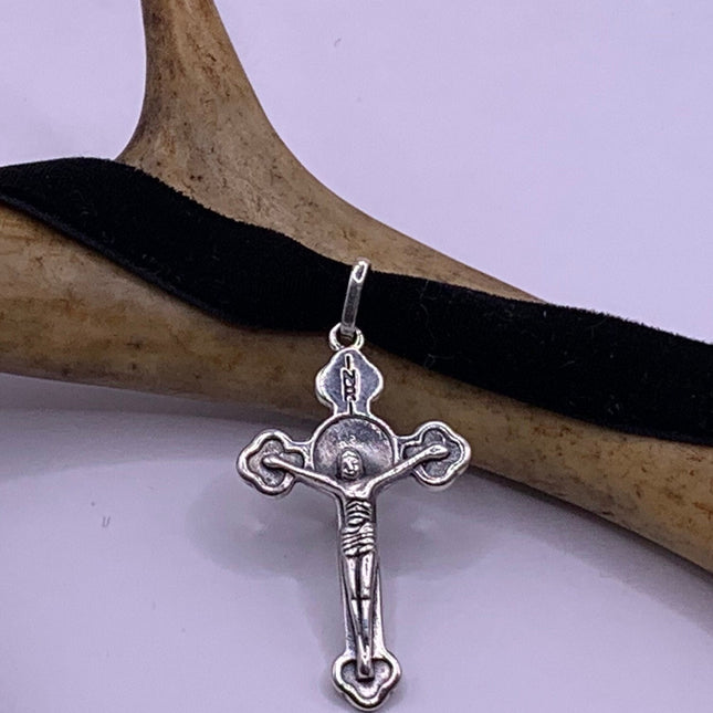 Vintage Cross Crucifix Black Velvet Choker Pendant Necklace | 925 Sterling Silver Cross Ribbon Choker