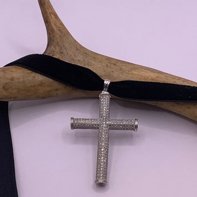 Vintage White Sapphire Pave Cross Choker 925 Sterling Silver Necklace