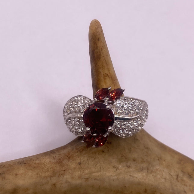 Vintage Silver Ring | Crystal Diamond Red Garnet Boho Cocktail | 925 Sterling Silver Antique Wedding Band Engagement Ring