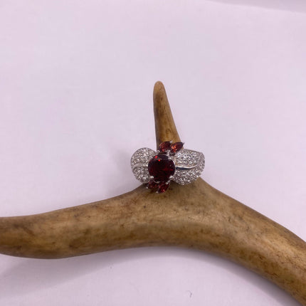Vintage Silver Ring | Crystal Diamond Red Garnet Boho Cocktail | 925 Sterling Silver Antique Wedding Band Engagement Ring