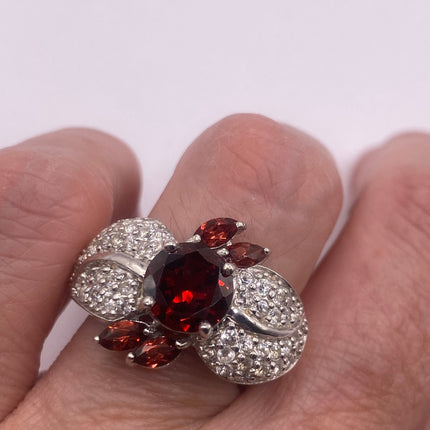 Vintage Silver Ring | Crystal Diamond Red Garnet Boho Cocktail | 925 Sterling Silver Antique Wedding Band Engagement Ring