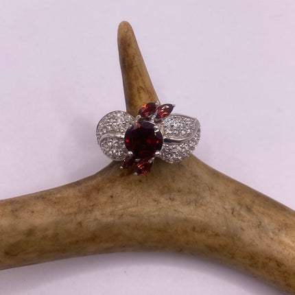 Vintage Silver Ring | Crystal Diamond Red Garnet Boho Cocktail | 925 Sterling Silver Antique Wedding Band Engagement Ring