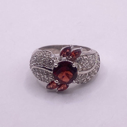 Vintage Silver Ring | Crystal Diamond Red Garnet Boho Cocktail | 925 Sterling Silver Antique Wedding Band Engagement Ring
