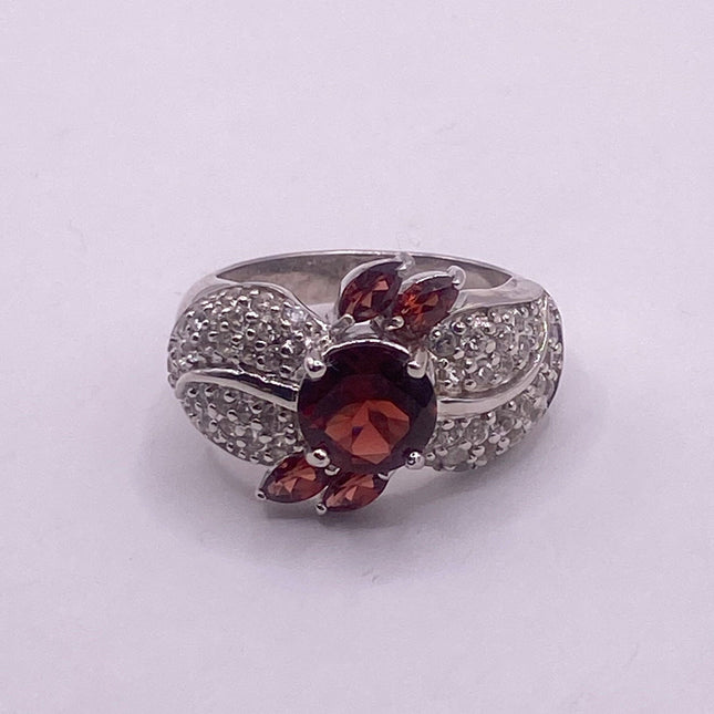Vintage Silver Ring | Crystal Diamond Red Garnet Boho Cocktail | 925 Sterling Silver Antique Wedding Band Engagement Ring