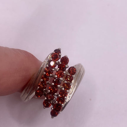 Vintage Silver Ring | Crystal Diamond Red Garnet Boho Cocktail | 925 Sterling Silver Antique Wedding Band Engagement Ring