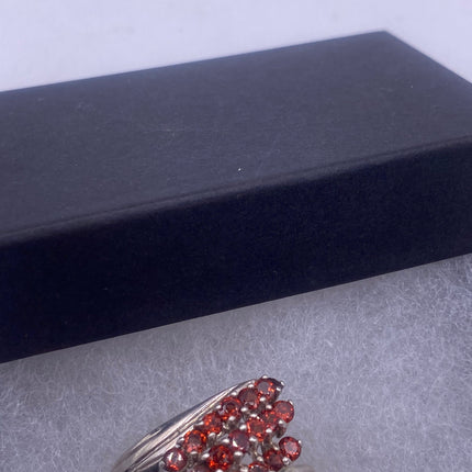 Vintage Silver Ring | Crystal Diamond Red Garnet Boho Cocktail | 925 Sterling Silver Antique Wedding Band Engagement Ring