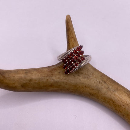 Vintage Silver Ring | Crystal Diamond Red Garnet Boho Cocktail | 925 Sterling Silver Antique Wedding Band Engagement Ring