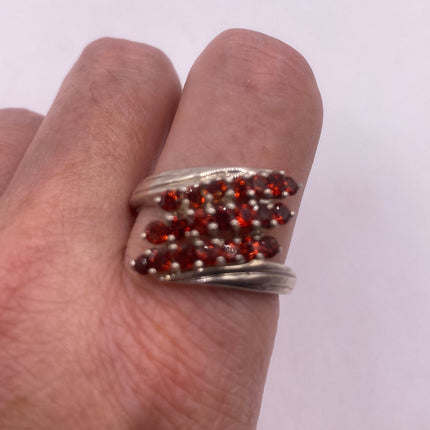 Vintage Silver Ring | Crystal Diamond Red Garnet Boho Cocktail | 925 Sterling Silver Antique Wedding Band Engagement Ring