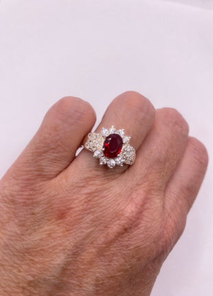 Vintage Silver Ring | Crystal Diamond Red Garnet Boho Cocktail | 925 Sterling Silver Antique Wedding Band Engagement Ring