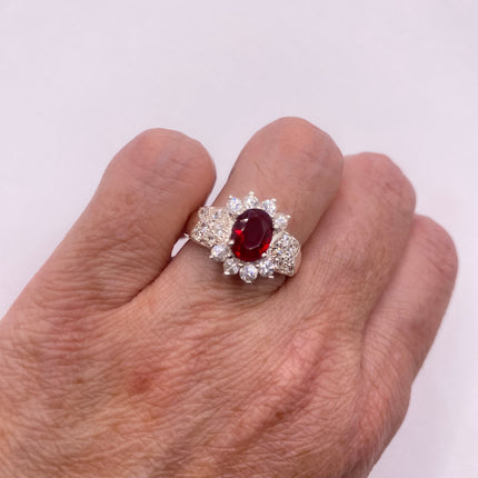 Vintage Silver Ring | Crystal Diamond Red Garnet Boho Cocktail | 925 Sterling Silver Antique Wedding Band Engagement Ring