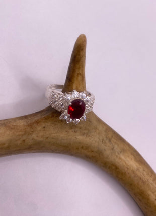 Vintage Silver Ring | Crystal Diamond Red Garnet Boho Cocktail | 925 Sterling Silver Antique Wedding Band Engagement Ring