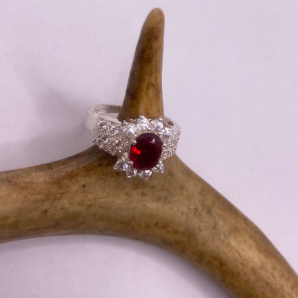 Vintage Silver Ring | Crystal Diamond Red Garnet Boho Cocktail | 925 Sterling Silver Antique Wedding Band Engagement Ring