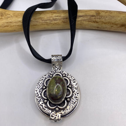 Vintage Poison Pillbox Velvet Choker Locket - Silver, White Bronze, Grey Snowflake Obsidian Necklace