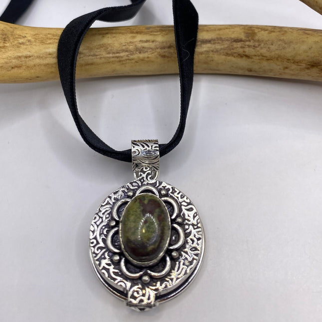 Vintage Poison Pillbox Velvet Choker Locket - Silver, White Bronze, Grey Snowflake Obsidian Necklace