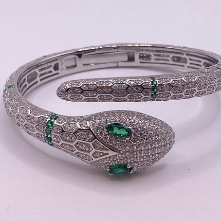 Vintage Silver Snake Bracelet | Emerald Green and Cubic Zirconia Crystal Diamond Serpent Bangle Cuff | 925 Sterling Silver Bracelet