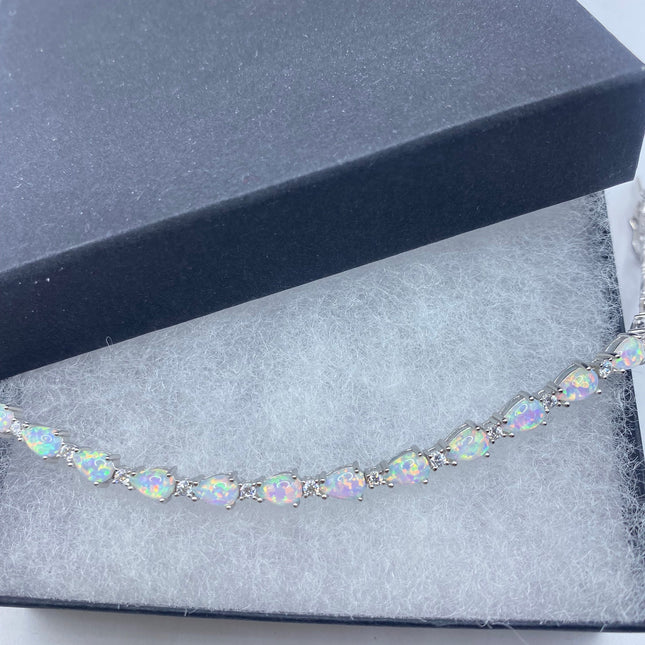 Vintage Silver Tennis Bracelet | White Fire Opal Gemstone CZ Crystal Diamond Birthstone Bracelet | 925 Sterling Silver