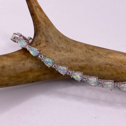 Vintage Silver Tennis Bracelet | White Fire Opal Gemstone CZ Crystal Diamond Birthstone Bracelet | 925 Sterling Silver