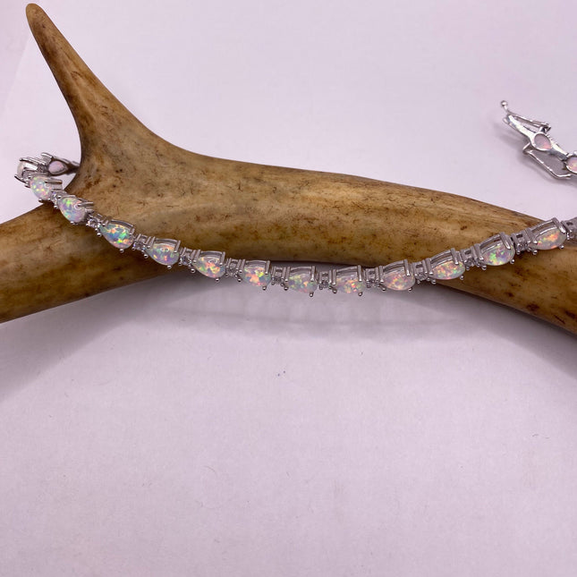Vintage Silver Tennis Bracelet | White Fire Opal Gemstone CZ Crystal Diamond Birthstone Bracelet | 925 Sterling Silver