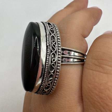 Vintage Gemstone Ring | Black Onyx Crystal Silver Finished Bronze Statement Ring - Size 7.5 - Free US Shipping
