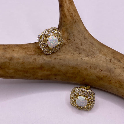 Vintage Gold Earrings | Mini White Fire Opal Gemstone | Golden 925 Sterling Silver Stud Button Earrings for Everyday Wedding or Prom Jewelry